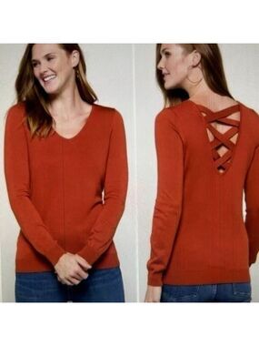 Love Ellie Burnt Orange V Neck Sweater Lattice Back Crisscross Knit NWOT XS